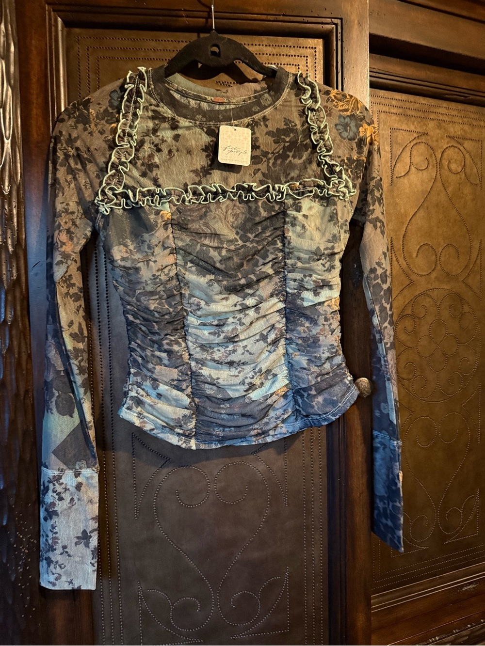Free People Floral Ruched Long-Sleeve Women's Top in Blue